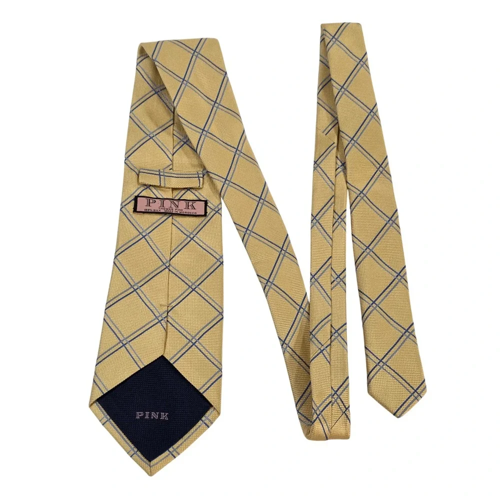 Thomas Pink Mens Yellow Blue Windowpane Check 100% Silk Tie Made in Morocco